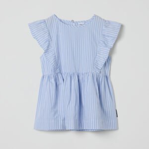 Raidallinen neulepusero röyhelöillä