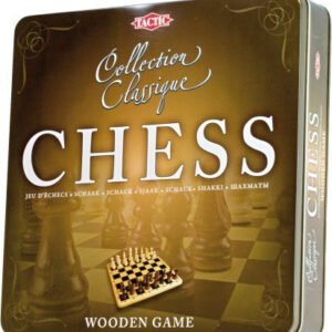 Puinen shakkisetti peltirasiassa (SE/FI/DK/NO/EN)