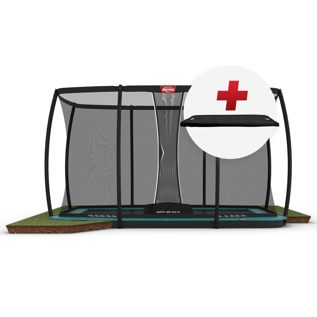 BERG Ultim Champion FlatGround 410 Vihreä + Safety Net DLX XL - Trampoliini Suorakulmainen - 410 x 250 cm