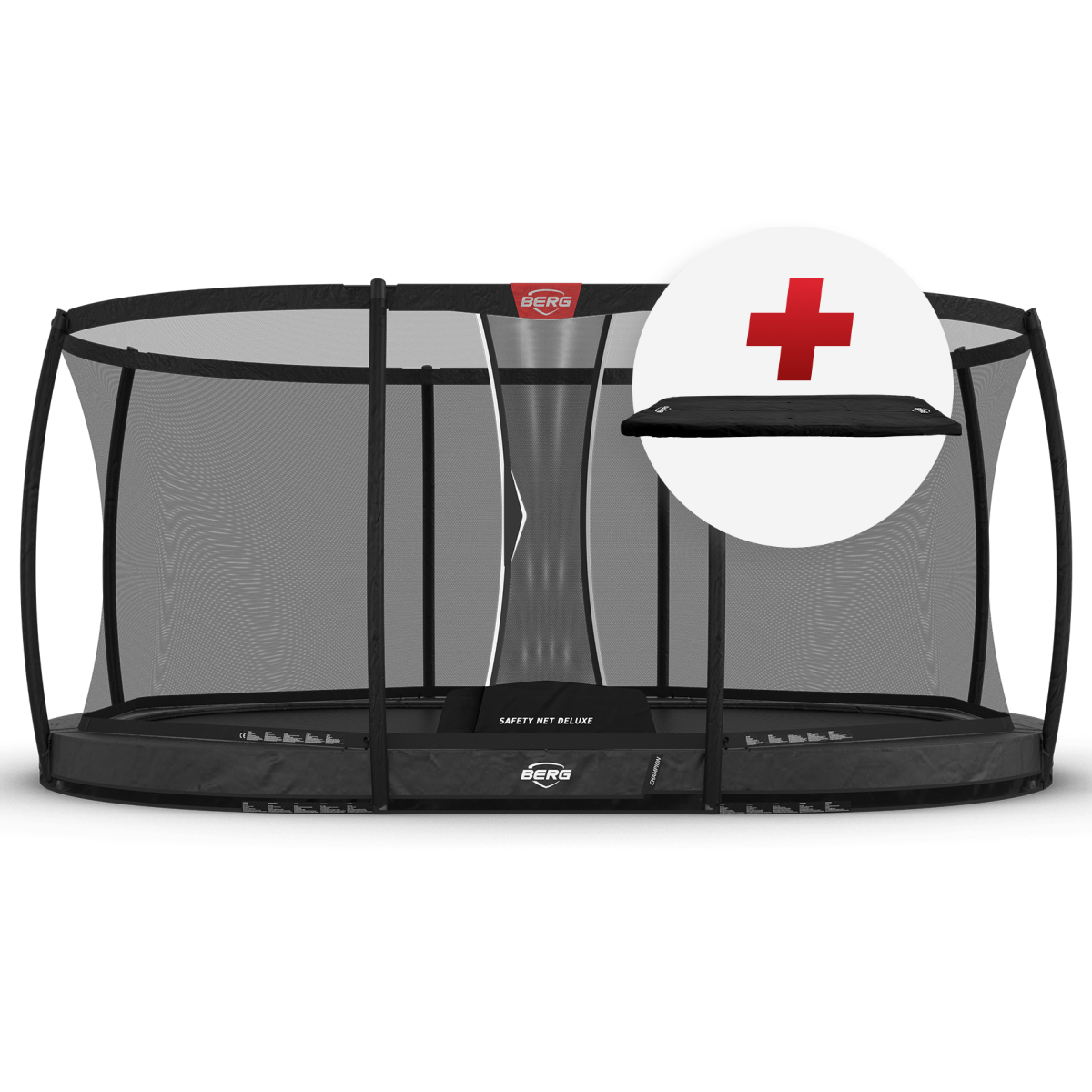 BERG Grand Champion InGround 470 Harmaa + Safety Net Deluxe - Trampoliini Ovaali - 470 x 310 cm