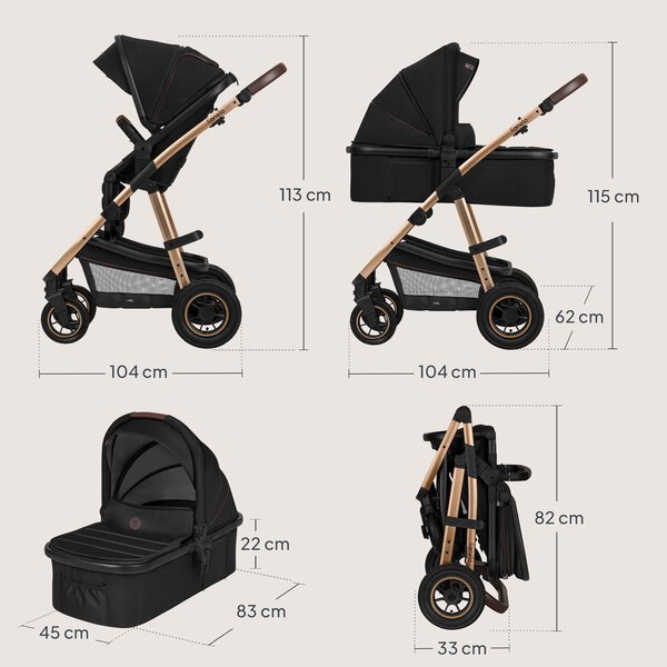 Lionelo Amber 2in1 Black Onyx -lastenvaunu, irrotettava kantokoppa, 111x92x60 cm, musta