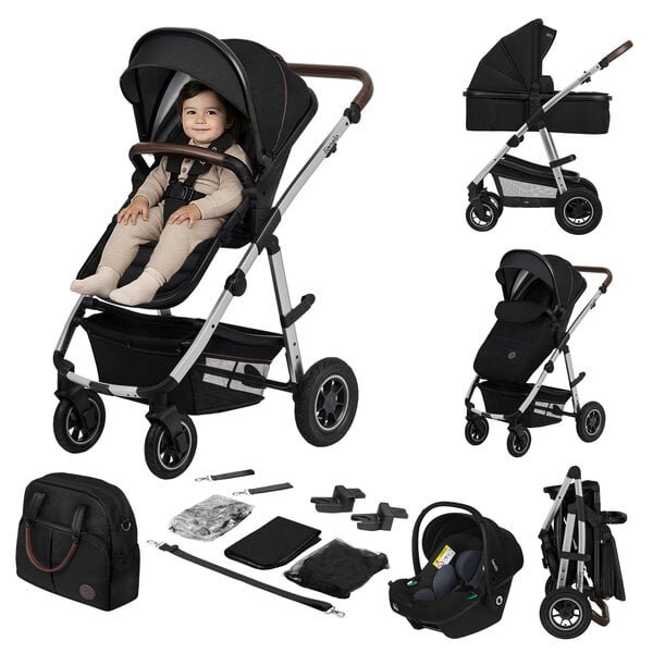 Lionelo Amber 3in1 Black Silver -yleiskäyttöinen lastenvaunu kantokopalla ja turvaistuimella, enintään 22 kg, musta