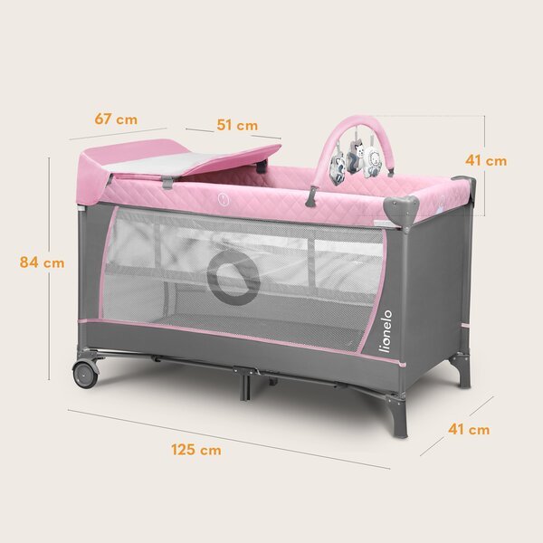 Lionelo Flower Flamingo -matkasänky-leikkikehä, harmaa/vaaleanpunainen