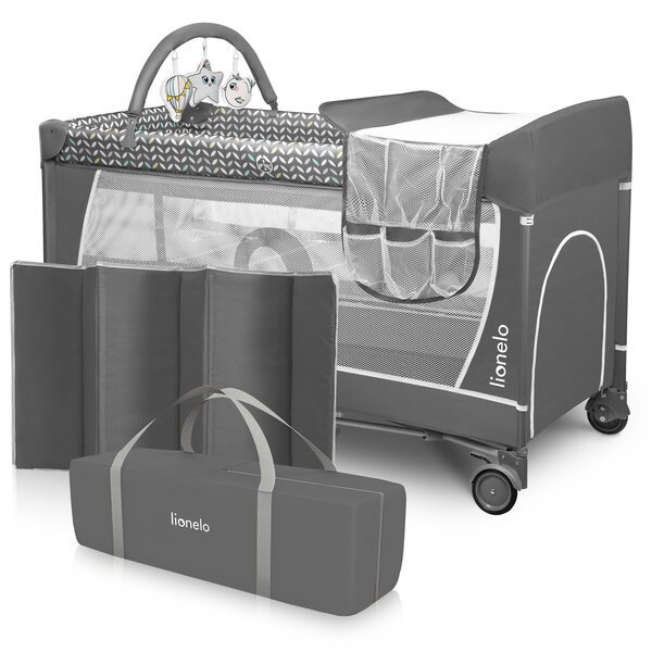 Lionelo Flower Grey Scandi -matkasänky-leikkikehä 3in1, jossa on hoitopöytä, lelupalkki ja pyörät
