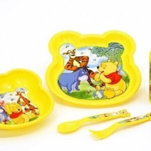Ruokailuvälinesarja Disney Nalle Puh (lautanen, kulho, kuppi, lusikka, haarukka), muovia