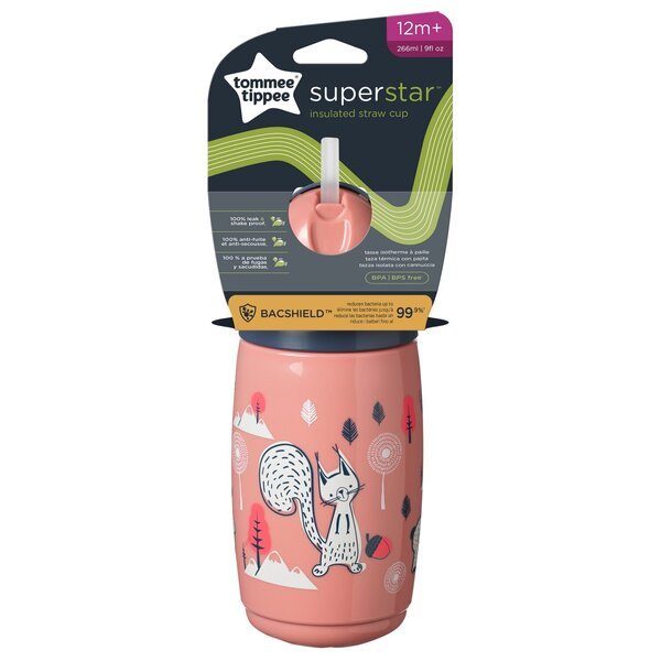 Tommee Tippee Insulated Straw juomapullo vaaleanpunainen, 12+ kk, 266 ml