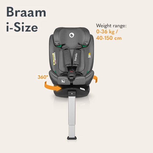 Lionelo Braam i-Size Grey Stone -turvaistuin, 0-36 kg, 360°, harmaa