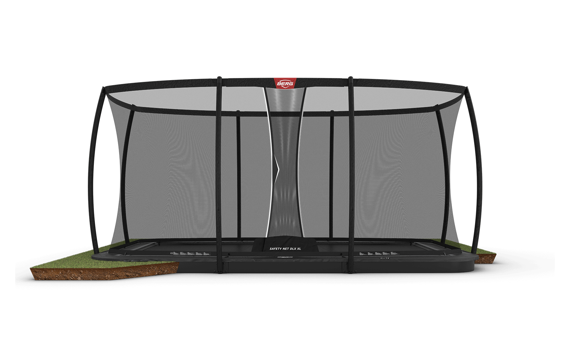 BERG Ultim Elite FlatGround 500 Harmaa + Safety Net DLX XL - Trampoliini Suorakulmainen - 500 x 300 cm