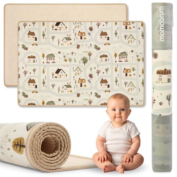 Kaksipuolinen leikkimatto Mamabrum 180×120 cm – XPE, Kaupunkikuosi / Hiekan väri