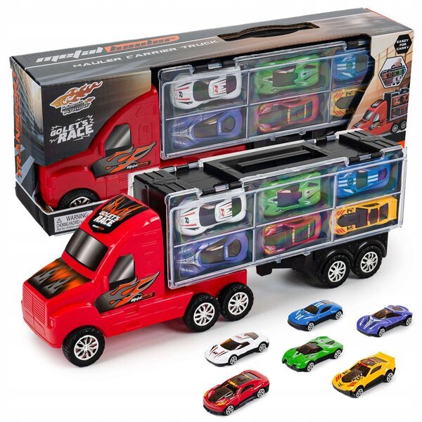 Lasten rekkasetti 6 pikkuautolla, salkulla ja lautapelillä