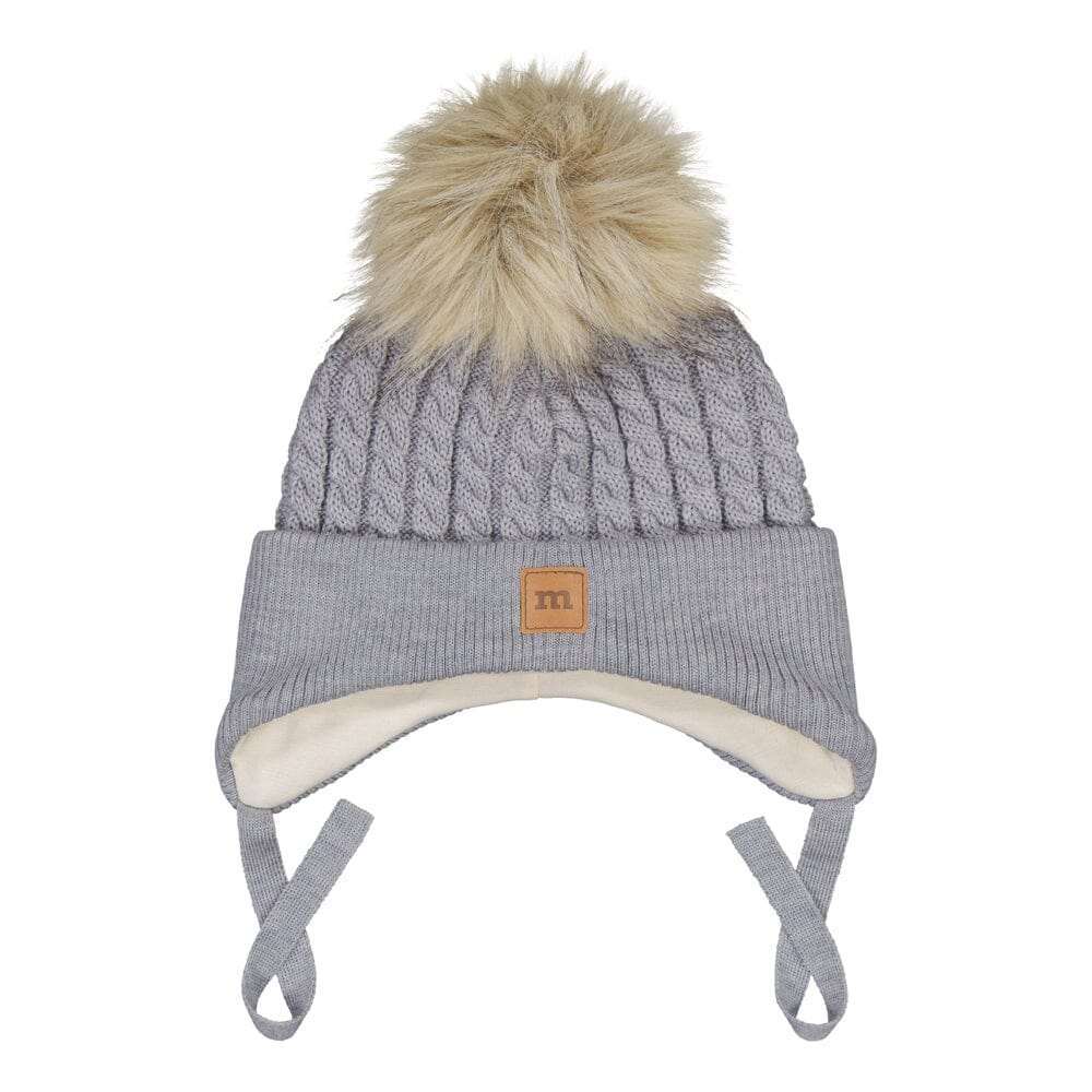 Fur Pom Cable Baby Beanie -Merinovillapipo | Cloudy - 0-2M