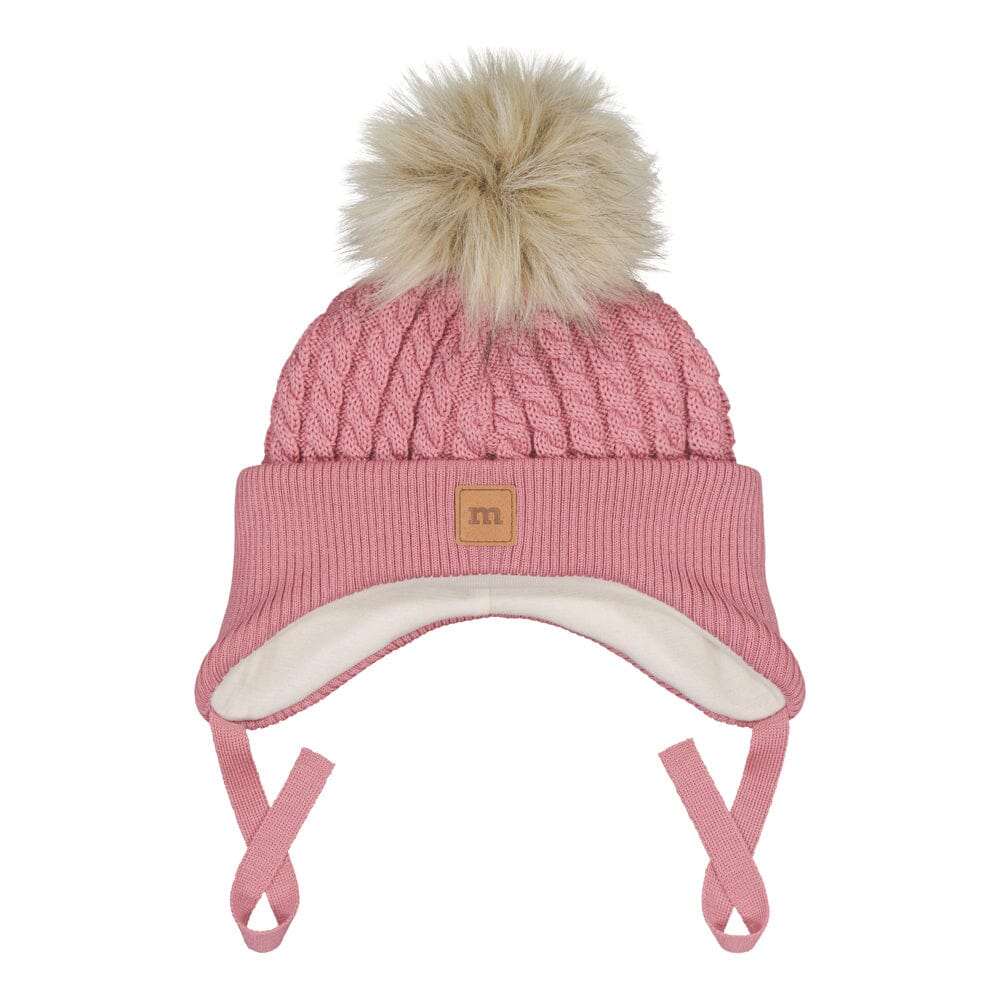 Fur Pom Cable Baby Beanie -Merinovillapipo | Rosy - 0-2M