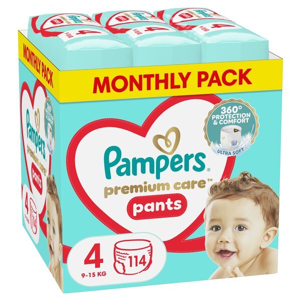 Pampers Premium Care Pants -vaippahousut, koko 4 (9-15 kg), 114 kpl.