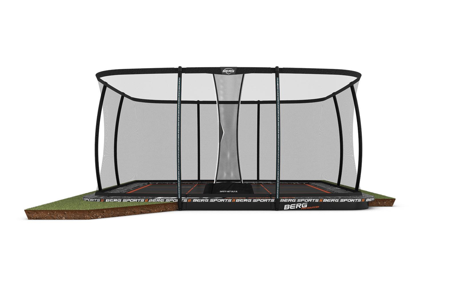 BERG SPORTS Ultim Pro Bouncer FlatGround 5x5 + Safety Net XL - Trampoliini Suorakulmainen - 500 x 500 cm