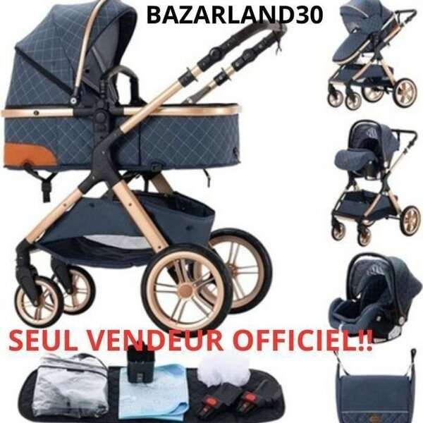 BAZARLAND30. 3-in-1 vauvan vaunu yhdistetty turvaistuin vaunu trio käännettävä säädettävä korkealaatuinen puhkeamaton renkaat. SININEN