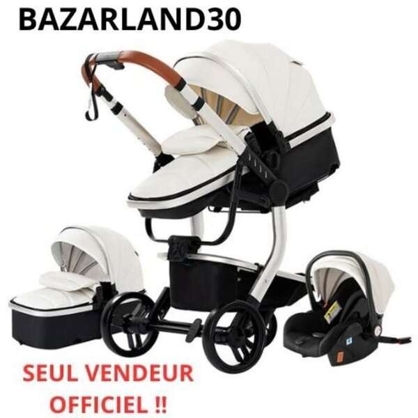 BAZARLAND30.3 in 1 Vauvan Yhdistetty Turvaistuin Vaunu Trio Käännettävä tekonahka Pannulliset renkaat. VALKOINEN