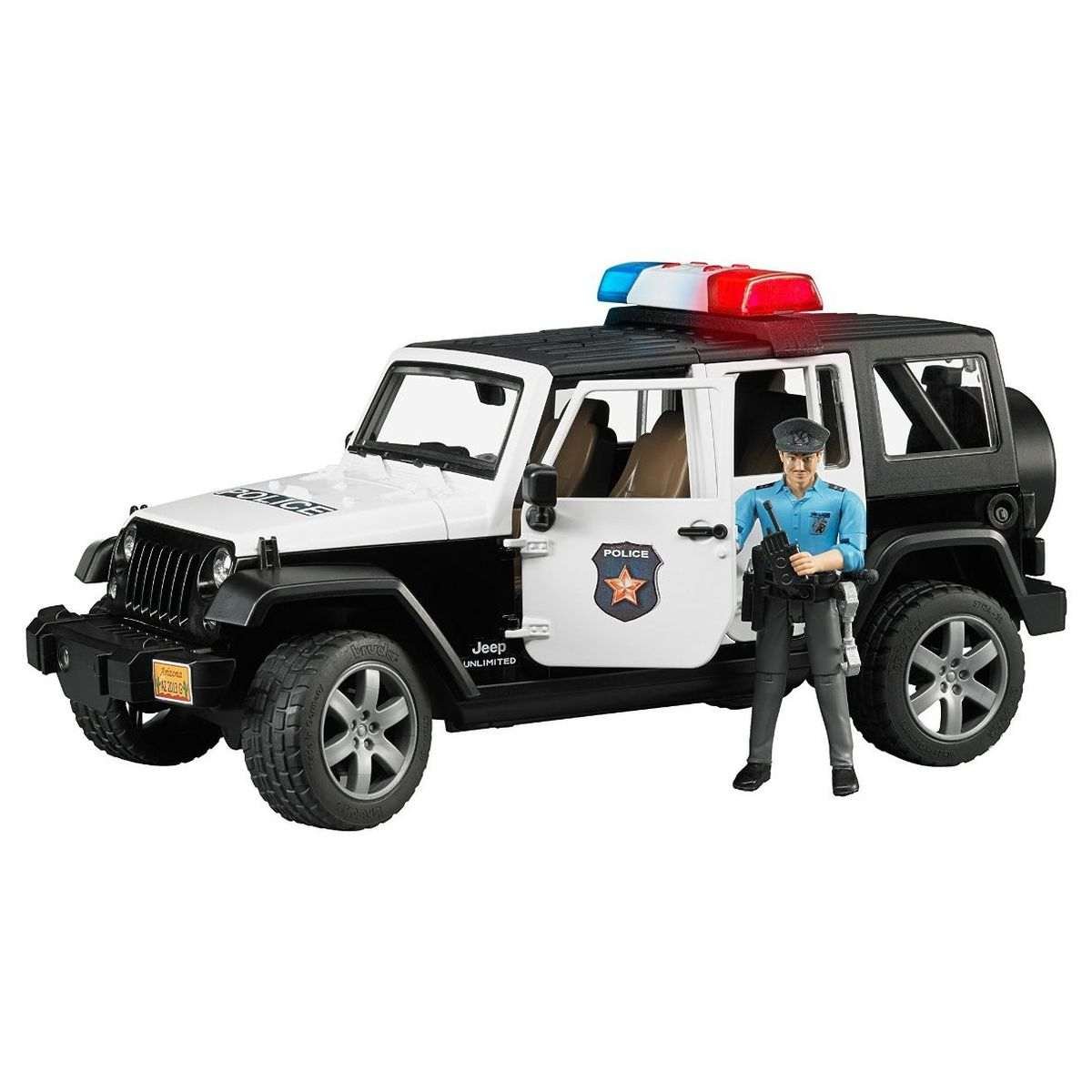 Bruder Jeep Wrangler Poliisiauto Äänellä ja Valolla sekä Hahmolla 1:16