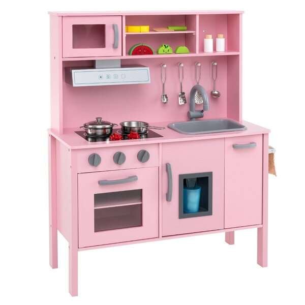 Costway lasten keittiöleikkisetti puinen leikkikeittiö mikroaaltouunilla 72 x 30 x 90 cm pinkki
