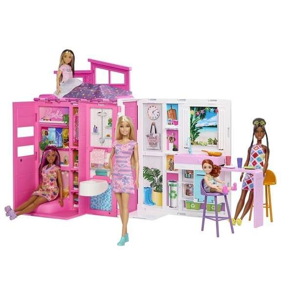 Barbie-lomatalo-laatikko ja nukke, 4 vyöhykettä ja 11 lisätarviketta HRJ77
