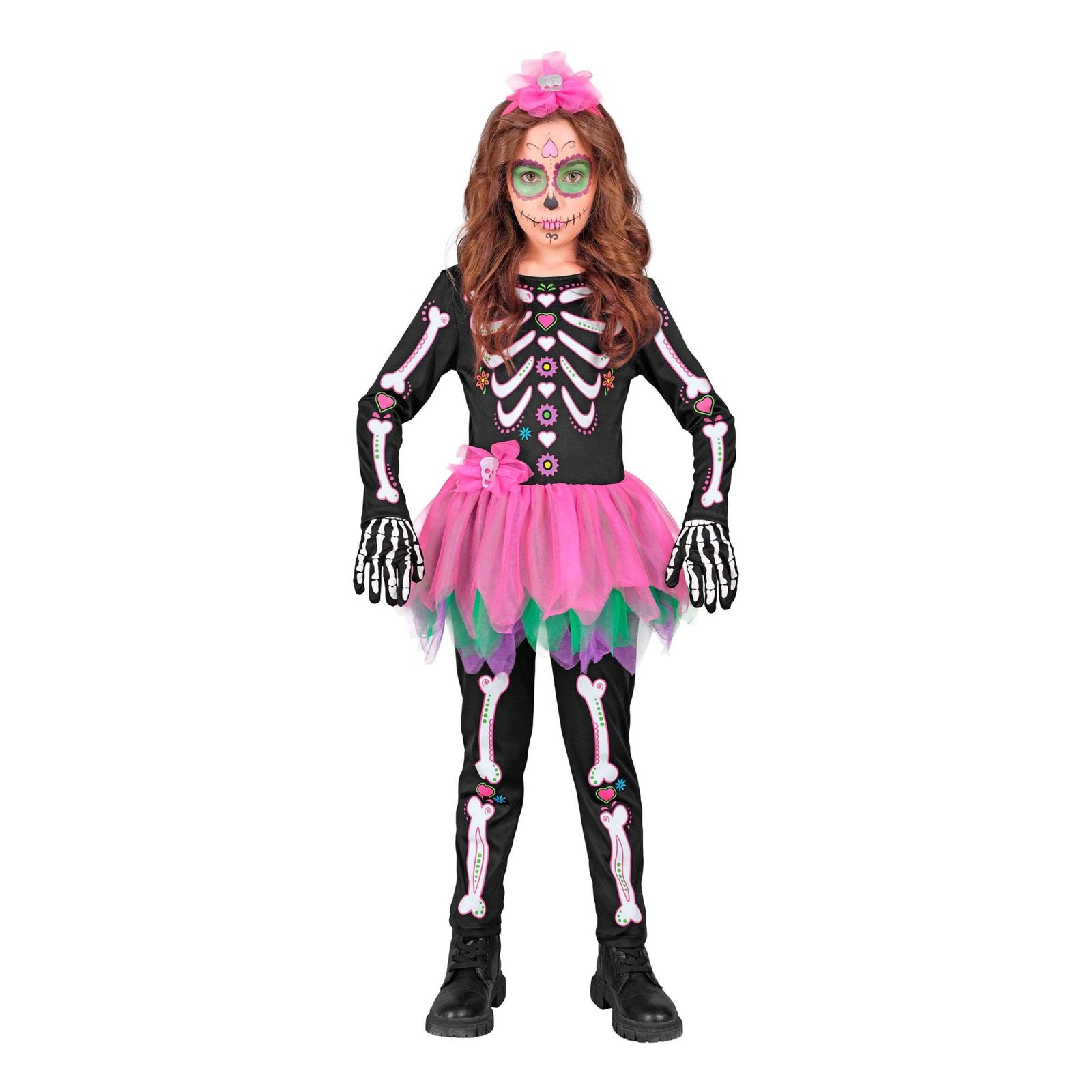 Vaaleanpunainen-musta skelettimekko Lasten Naamiaisasu - Medium
