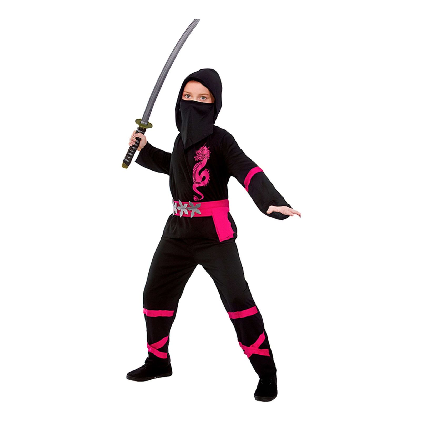 Musta/Vaaleanpunainen Power Ninja Lasten Naamiaisasu - Large