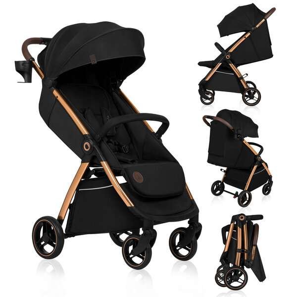 Lastenrattaat jopa 22 kg, automaattinen taitto, vedenkestävä suljettu kori, tuuletus, kevyt 8,5 kg – Lionelo Ingrid Black Onyx