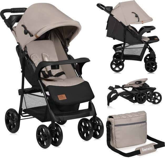 Lastenrattaat jopa 15 kg, kevyt (8,5 kg), jousitus, makuuasento, suuri kuomu, ostoskori – Lionelo Emma Plus Beige Latte