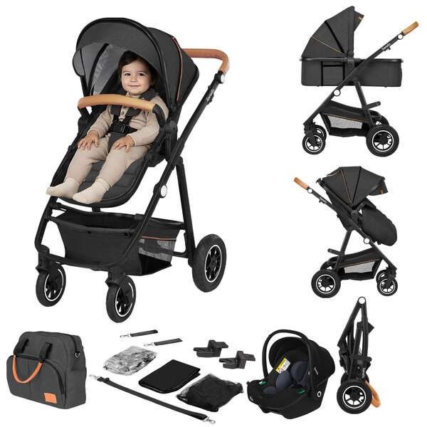 Yhdistelmävaunut 3 in 1, vaunukoppa + istuinosa + adapterit, ilmatäytteiset renkaat, jopa 22 kg – Lionelo Amber Grey Graphite