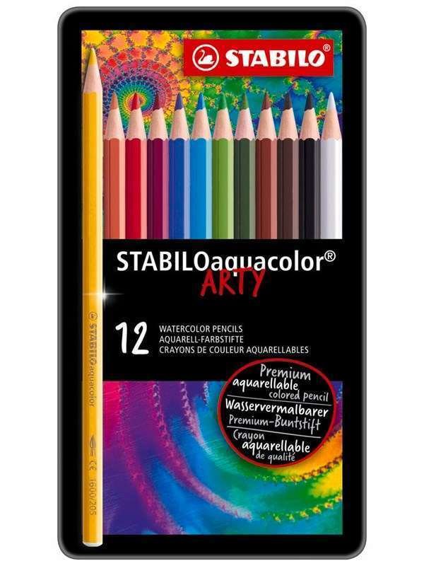 STABILO aquacolor® Vesiväritettävä värikynäsarja, 12 kynää metallirasiassa.