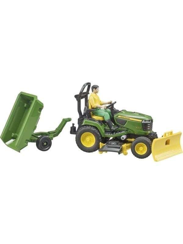 Bruder Bworld John Deere -ruohonleikkuri perävaunulla ja puutarhurilla