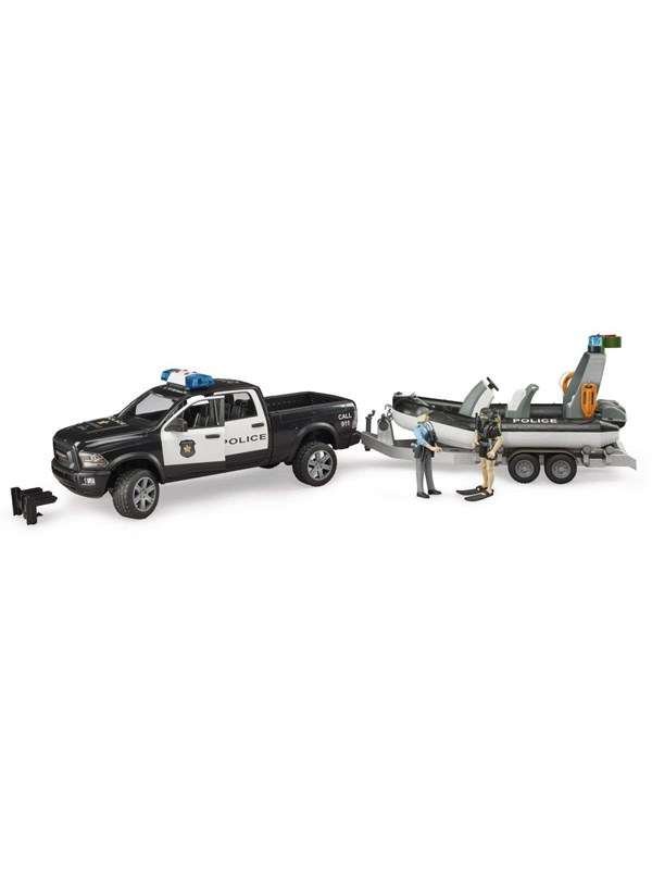 Bruder Dodge Ram 2500 Police pickup truck trailer boat 2 figures with Light and Sound toy