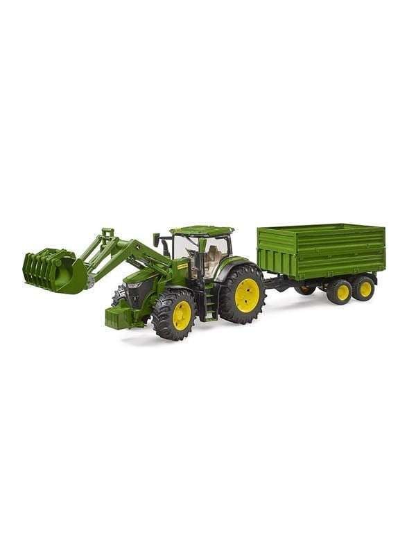 Bruder John Deere 7R 350 etukuormaajalla ja tandemakselilla varustettu kippiperävaunu.