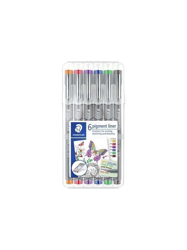 Staedtler pigment liner 308 - fineliner - Punainen Sininen Vihreä Oranssi Ruskea Purppura (pack of 6)
