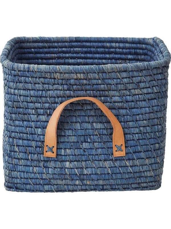 Rice Small Square Raffia Basket with Leather Handles