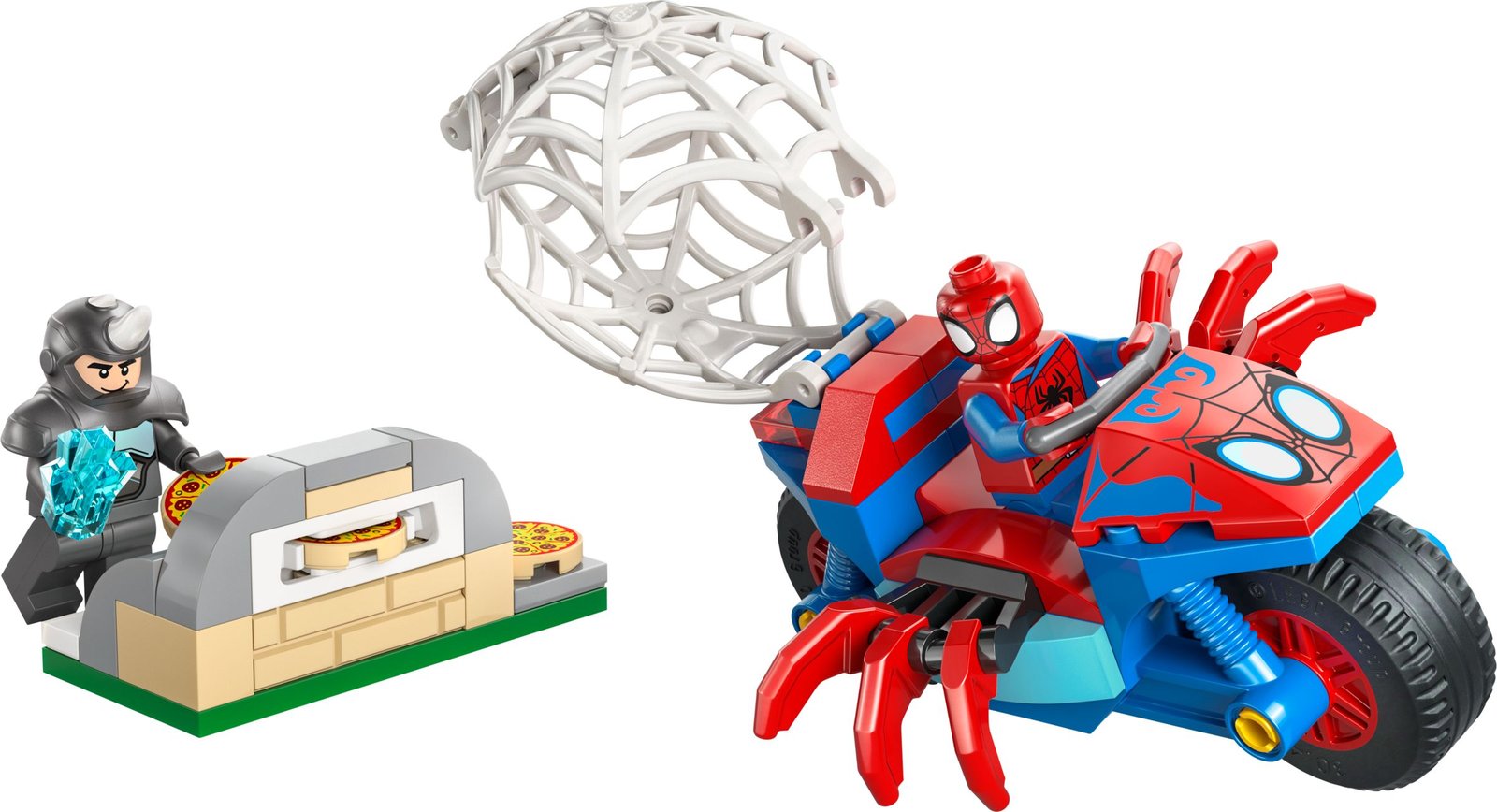 Spidey jahtaa Rhinoa moottoripyörällään