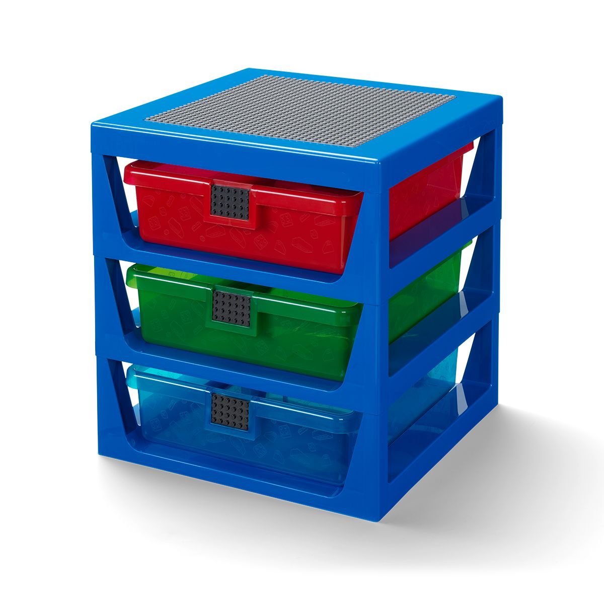 Ikoninen, läpikuultavan sininen LEGO-telinejärjestelmä