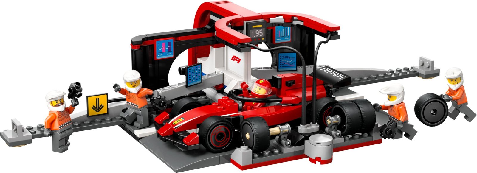 F1-varikkopysähdys ja varikkomiehistö sekä Ferrari-auto
