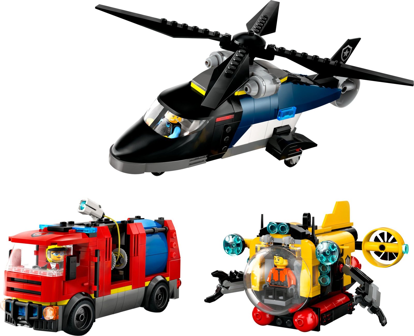 Helikopteri, paloauto ja sukellusvene yhdessä